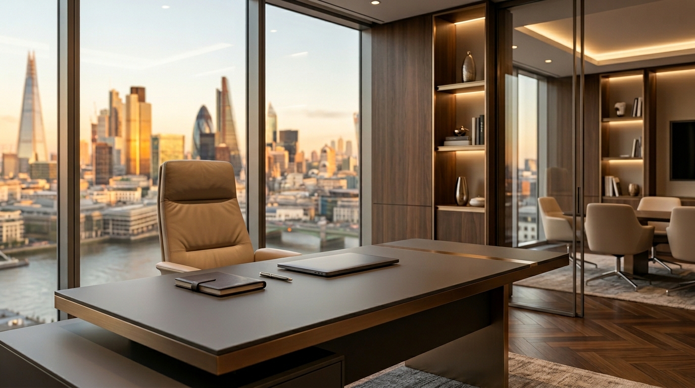 Executive trading office interior with city view and desk setup.