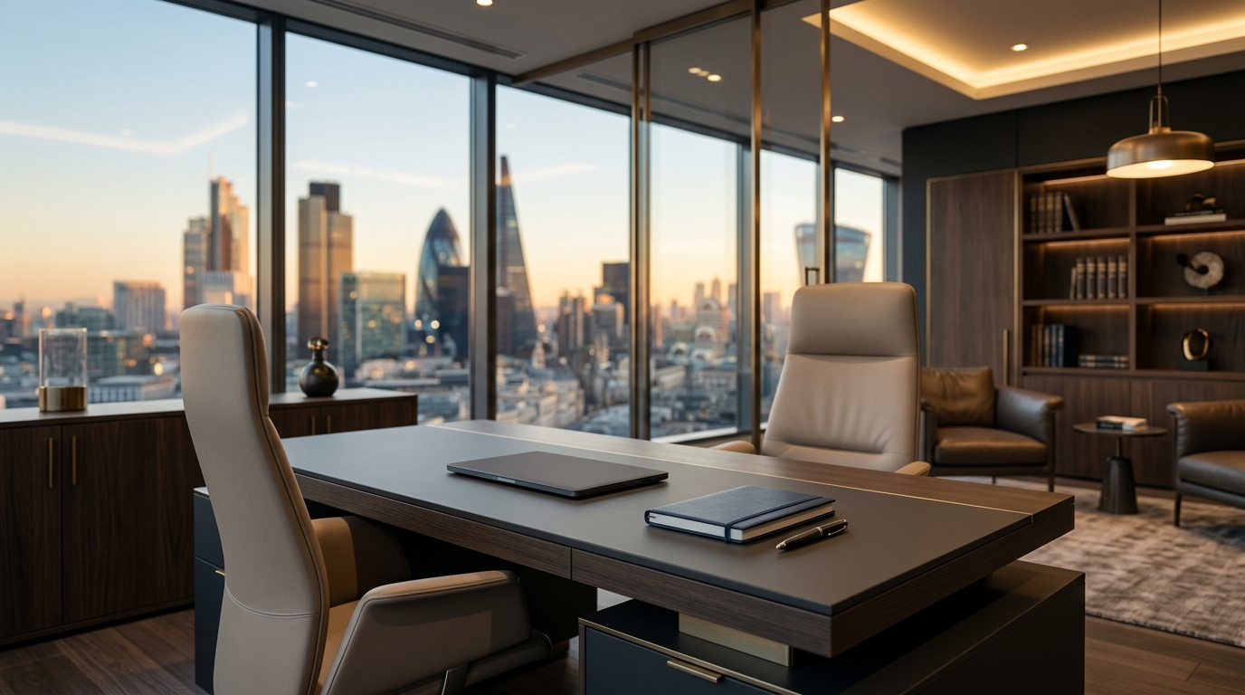 Luxury broker office with panoramic skyline and modern workspace.