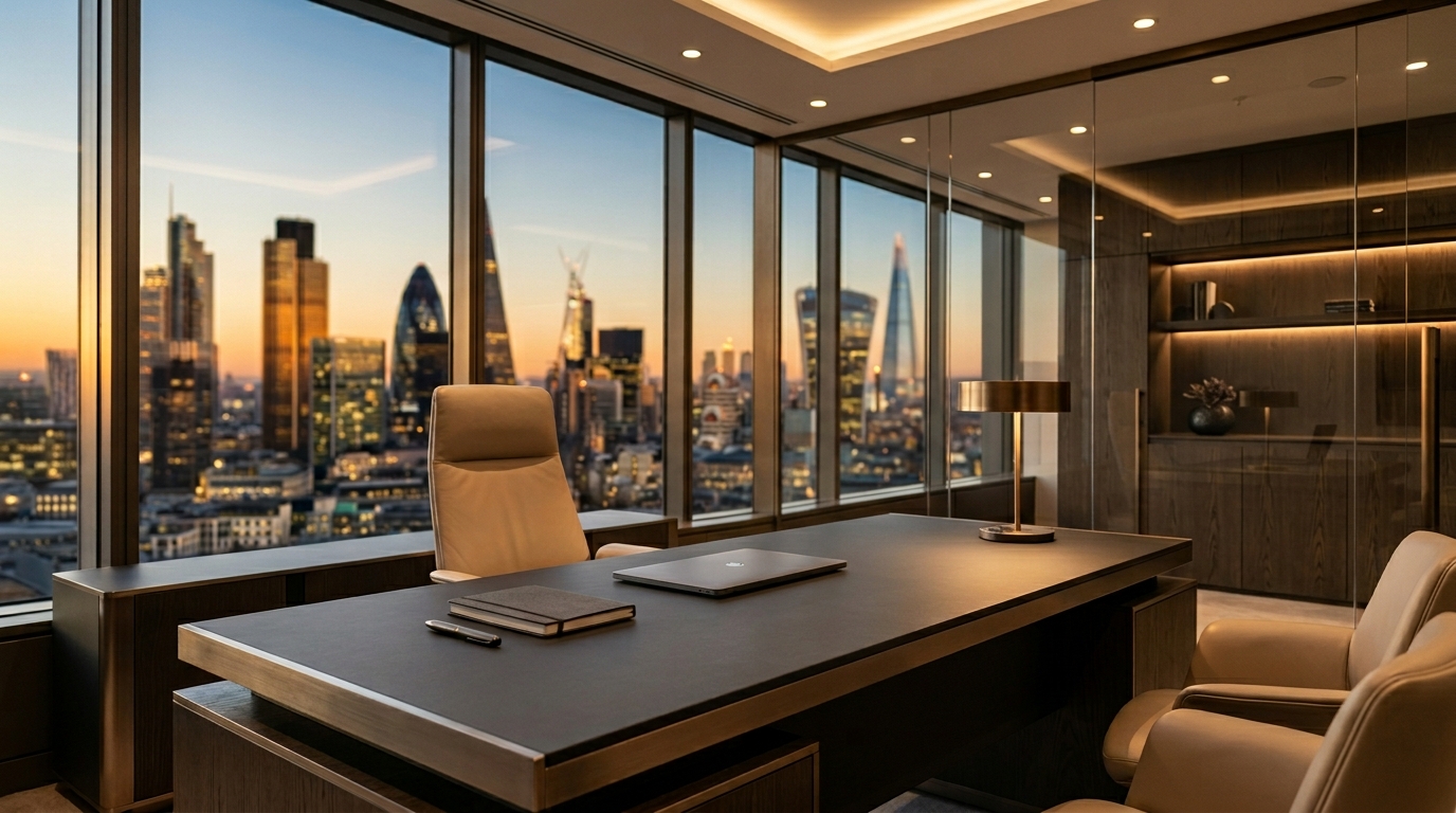 Premium brokerage office interior with city skyline view.