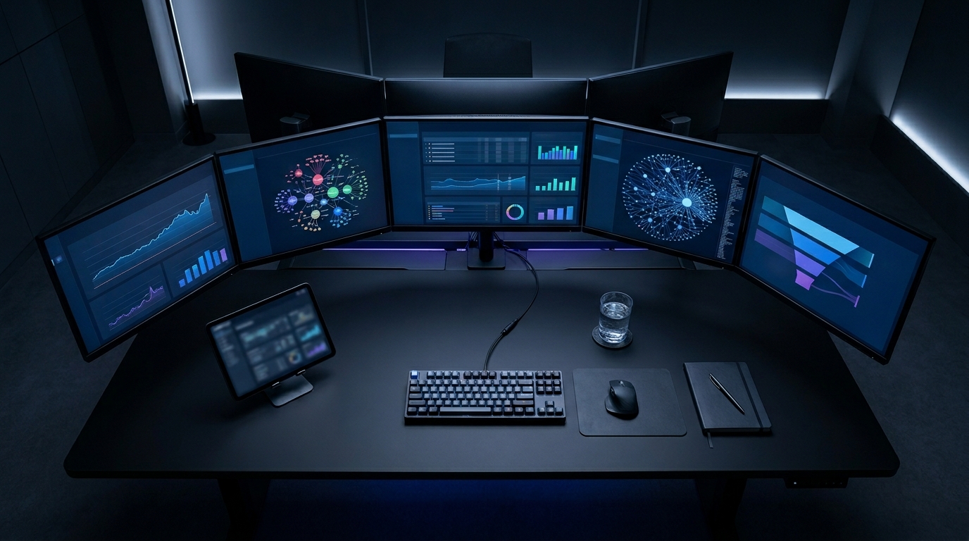 Multi-screen SEO workspace with analytics dashboards and funnel visualisation.